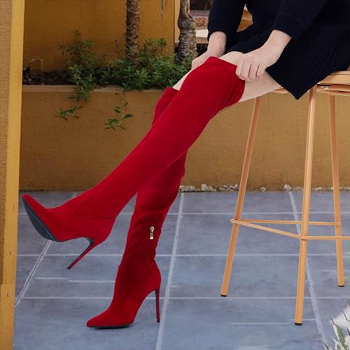 Image of GENSHUO Women's Over the Knee Boots Stiletto Pointed Toe Thigh High Heel | Stretchy Thigh High Long Boots with Side Zipper, Sexy Slim Fit Tall Heeled Boot for Club Party Evening Dress Wear