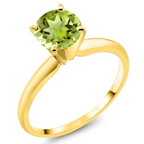 Gem Stone King 14K Yellow Gold Green Peridot Solitaire Engagement 4-Prong Ring For Women | 1.00 Cttw | Round 6MM | Gemstone August Birthstone | Available In Size 5, 6, 7, 8, 9