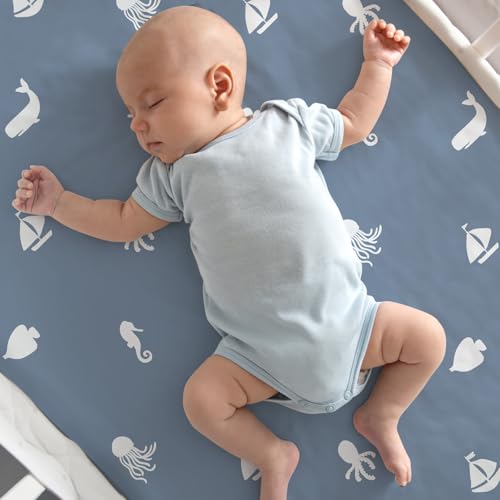 Image of Nap Mat Sheet 47 inchx24 inch, 3 Pack Blue Ocean Sailor Baby Crib Sheets Fitted Elastic Corners, Preschool Day Care Rest Mat Cover, Soft Breathable - Compatible with Regalo My Cot, Joovy Travel Cot