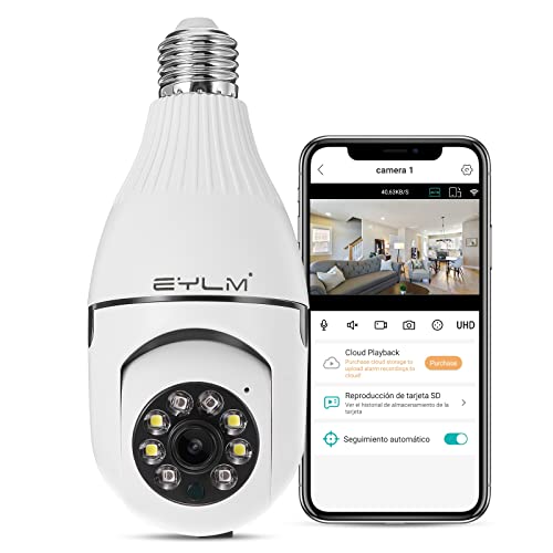 EYLM Light Bulb Security Camera 3MP, 2.4GHz WiFi 1296P Wireless Cameras, 355 Degree View Bulb Camera for Home Security with Motion Detection Alarm Night Vision Two-Way-Talk into E27 Light Bulb Socket