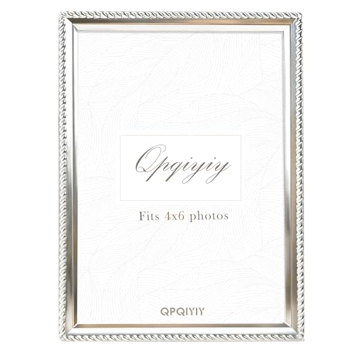 QPQIYIY 4x6 Picture Frame with Real Glass Cover Metal Plating Frames with Tabletop or Wall Hanging Silver Rope