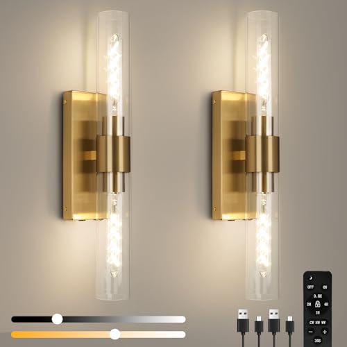Image of Battery Operated Wall Sconce Set of Two, Rechargeable Wall Sconce, Gold Wall Lamp with Remote Controls, Indoor Non-Hardwired Bedside Wall Sconces, Gold Vanity Light for Bedroom, Hallway, etc