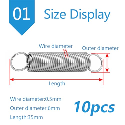 UpGBRF Extension Spring Stainless Steel Dual Hook Tension Springs for Instruments, Wire Diameter 0.5mm, Outer Diameter 6mm, 10Pcs,Length:35mm