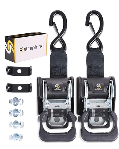 Strapinno 2PCS Retractable Ratchet Straps (1 7/8 in x 4 ft) Heavy Duty Transom Tie Downs for Boat PWC Trailer - Extra Mounting Brackets & Bolt Set Safety Latch S-Hook Break Strength 2 600LBS/1 180KG