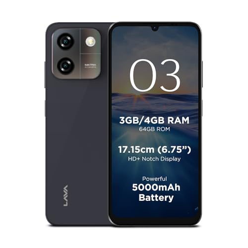 Lava O3 (Glossy Black, 4 GB RAM, 64 GB Storage) | Biggest 6.75" HD+ Display | 13MP AI Dual Rear Camera | 5000 mAh Battery | Secure Face Unlock | Fingerprint Reader | Charger & Phone-Cover in Box
