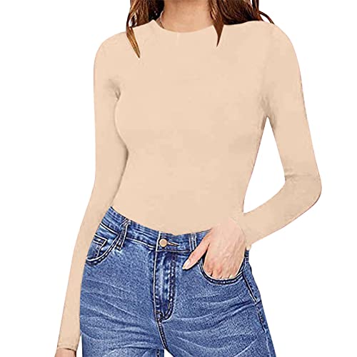 Generisch - Camiseta de manga larga para mujer, jersey elástico, con cuello redondo, body elegante y sexy, camiseta interior, bustier, ajustada, body ajustado, camiseta de manga larga, tops, bodys, de