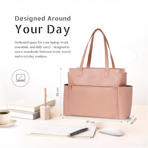 Image of Convertible Tote Bag & Backpack for Women | Faux Leather, 15.6 inch Laptop Compartment | Office, Travel & Everyday Carry | Large, 37cm | Pink