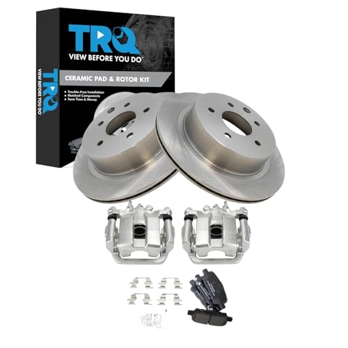 Image of TRQ Rear Brake Pad and Rotor Set Ceramic Rotors Calipers Compatible with 2013-2017 Nissan LEAF 2014-2017 Rogue