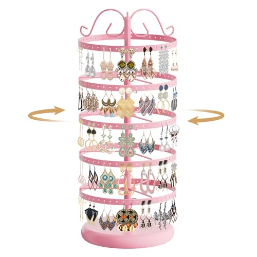Image of MODOWEY 5 Tiers Metal Rotating Earring Holder Organizer Stand Adjustable Display Tree, 220 Holes Large Carousel Rack for Stud Hoop Pierced Dangling Women, Ideal View for Earrings, Light pink