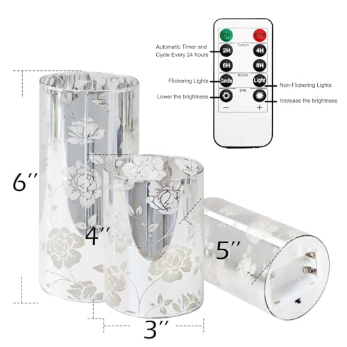 Image of Floral Glass Flameless Candles Rose Romantic Battery Operated with Remote Flickering LED Silver Real Wax Pillar Candle for Valentine's Day Wedding Party Home Christmas Decor, Set of 3