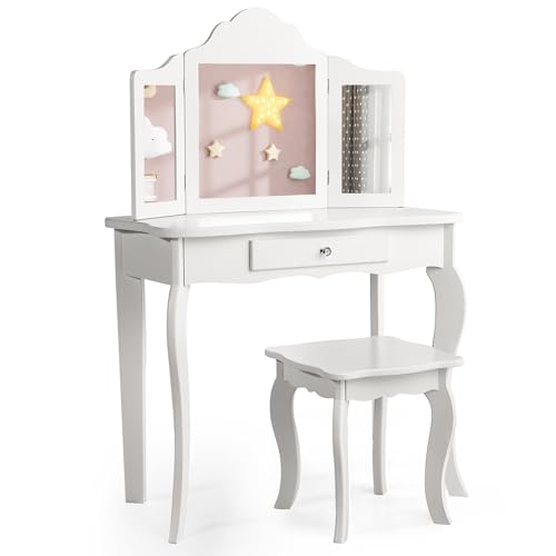 DREAMADE Coiffeuse Princesse 2 en 1 Enfants avec Tabouret,Table de Maquillage en MDF et Bois de Pin avec Tiroir&amp;Miroir Pliant (Blanc)
