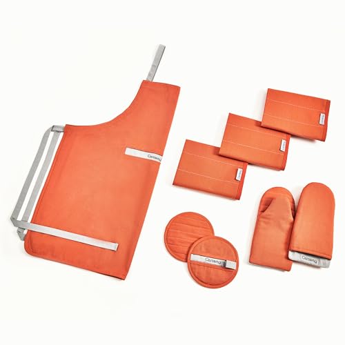 Caraway Linen Set - Apron, Pot Holders, Oven Mitts, & Tea Towels - 100% Organic Cotton - Durable, Machine Washable - Perracotta