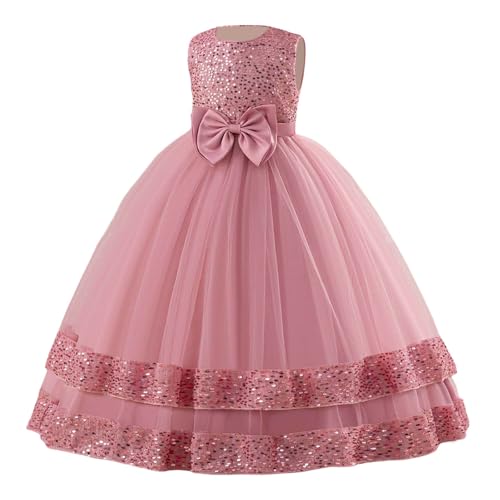 Vestido de fiesta de princesa de manga larga con lazo y lentejuelas para niñas, para cumpleaños, desfiles y escenarios, Rosa., 9-10 años