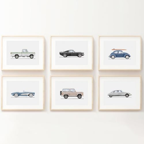 Image of Blue Car Wall Art Decor Boys Room Wall Art Vintage Cars Canvas Poster Pictures Toddler Kids Room Prints Watercolor Vehicle Artwork Painting for Boys Bedroom Nursery 12x16 Inch Unframed Set of 6