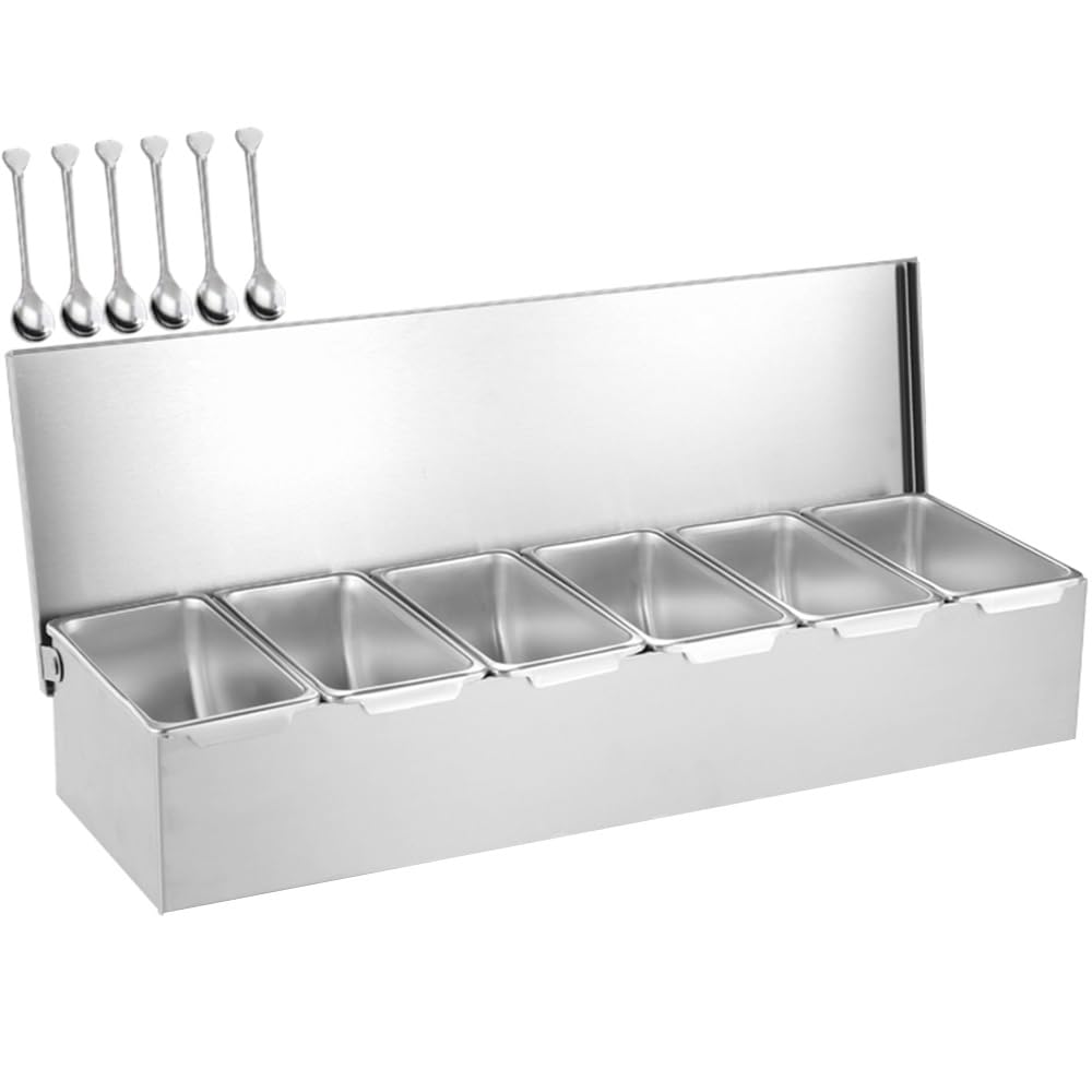 WDSOPK Commercial Spice Rack Set, Stainless Steel Condiment Racks With Pans And Lids, Countertop Dispenser Spice Rack For Seasoning Sauce Salad Jam Ingredients, Food Container (83x20.5x14.5cm)