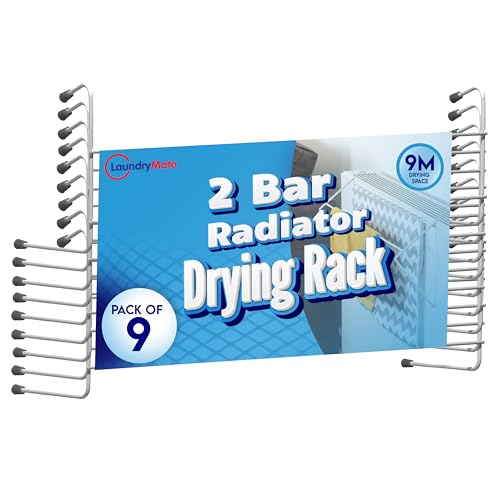 Laundry Mate Radiator Airer 9 Pack Radiator Clothes Airer Space-Saving Drying Rack 2-Bar Over Radiator Towel Rail Hanger - 9M Drying Space Ideal for Radiators, Doors and Bathroom