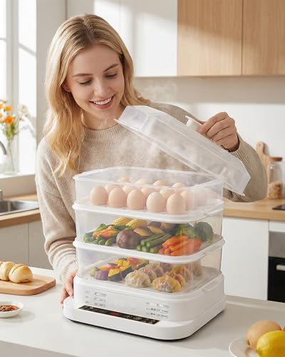 Egg Cookers Food Steamer Electric Steamer 800W Multi Tier Steam Cooker with Stackable Baskets 1-24H Delay Start 10-60min Timer Keep Warm Vegetable/Rice/Fish/Dumpling Steamer