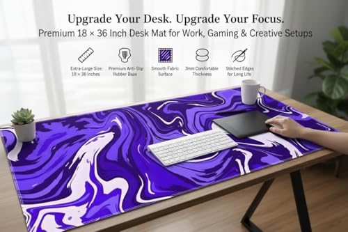 Image of Extended Desk Mat 458 x 915 mm | Premium Abstract Purple Mouse Pad with Stitched Edges | 3mm Thick Non-Slip Desk Pad for Gaming, Office & Workstation