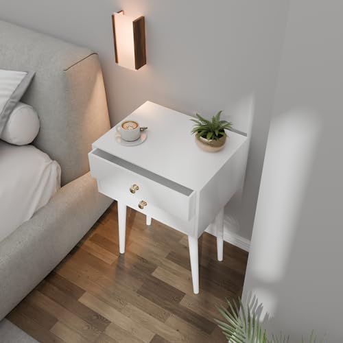 Image of ETIQUETTE ART Modern Bedside Table with Solid Wood Legs Minimalist and Practical Bedside Table End Side Table with 2 Drawer Storage for Bedroom & Living Room (White)