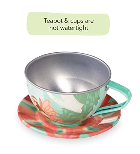 Hearthsong 15-Piece Fairy-Themed Tin Tea Set With Lidded Teapot, Includes Teapot, 4 Plates, 4 Cups, 4 Saucers, Serving Tray And Carrying Case #TOP5
