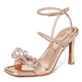 ZURIN Women's Rhinestone Bow Heels Square Toe Strappy Heeled Sandals Sparkle Sequin Stiletto High Heels Dress Party Evening Prom Crystal Shoes