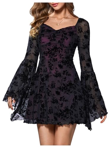 WDIRARA Womens Floral Jacquard Mesh Gothic Dress Bell Long Sleeve A Line Vintage Dresses Black and Red Medium