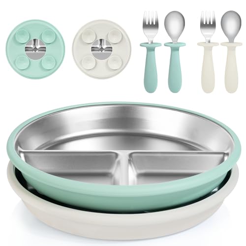 Image of Bella’s Friends Baby Feeding Set, 2 Pack Stainless Steel Divided Plate with Silicone Suction, 2 Set Spoons and Forks, BPA Free, Dishwasher Safe, Baby Led Weaning Supplies, Toddler Utensils,beige green