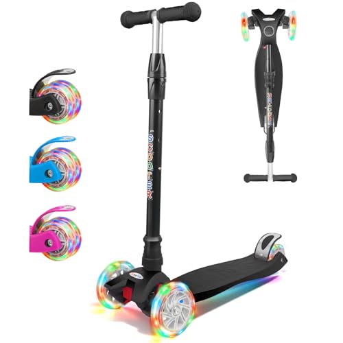 KORIMEFA Scooter de 3 rodas para crianças dos 3 aos 12 anos Scooter com 4 altura ajustável para crianças pequenas, inclinar-se para Steer, rodas de luz, Extra-Wide Deck (preto)