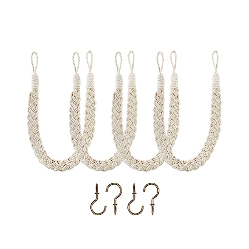 Home Queen Hand Braided Curtain Tiebacks, Buckle Holdback Drapery Curtain Tie Back, 4 Rope Cotton Belt Curtain Tie with 4 Metal Hooks, Off White by Home Queen - Used condition - US$14.94