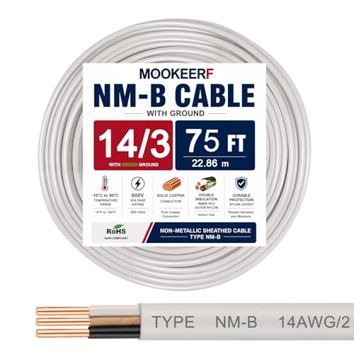 14/3 Wire with Ground - 75FT 14 Gauge NM-B Non-Metallic Sheathed Cable 100% Pure Copper 14 AWG 3 Conductor Residential Indoor Wire for Outlets Switches Other Loads and Lighting Wiring Projects etc.