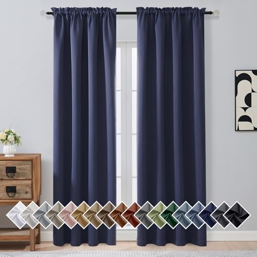 Image of Navy Blue Blackout Curtains for Bedroom 90 Inches Long 2 Panels, Solid Thermal Insulated Soft Fabric Privacy Curtains for Living Room, Rod Pocket Modern Window Treatments, 2x40Wx90L Inches