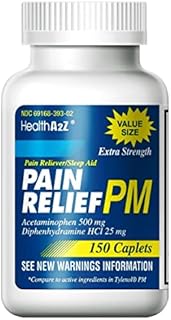 HealthA2Z Extra Strength Pain Relief PM, 150 Caplets, Acetaminophen 500mg | Diphenhydramine 25mg | Pain Reliever Plus Nighttime Sleep Aid | Non-Habit Forming