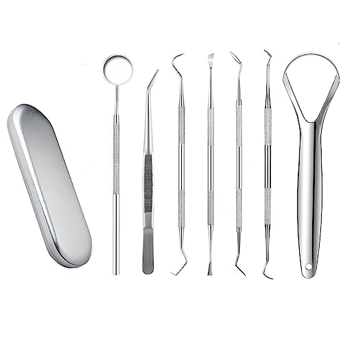 Dental Tools, Set of 6 Professional Plaque removers Dental Cleaning Tools and a Tongue Cleaner Including Mouth Mirror + Regulator + Probe + Hoe Shaper + Plating Shaper + Tooth Ulcer Remover