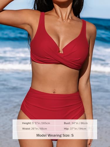 CUPSHE Women's Bikini Sets High Waisted Underwire Adjustable Straps Ruched Full Coverage Bottom Two Pieces Swimsuit Solid Red L - Image 4