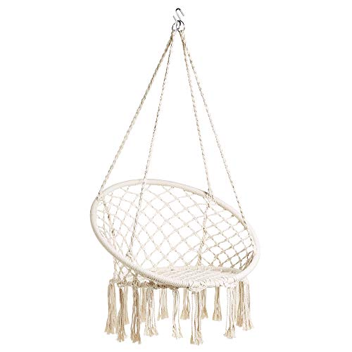 VonHaus Garden Hanging Chair – Bohemian Style – Outdoor/Indoor Cotton Rope Hammock Seat - Cream