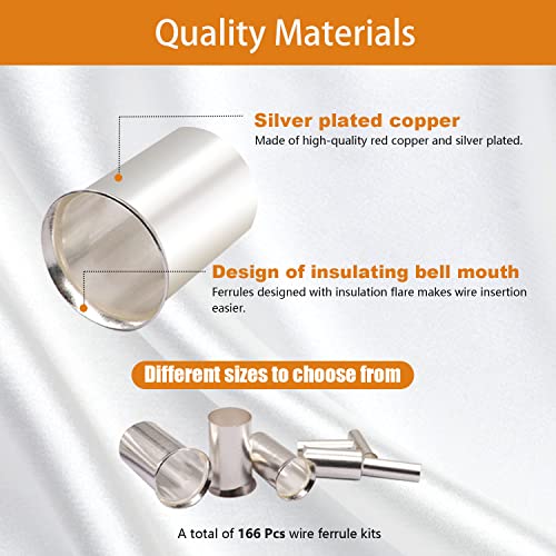 mankk 166pcs Wire Ferrules Kits AWG(1/0 2/0 2 4 6 8 10 12) Silver Plated Copper Crimp Terminal Connector Sleeves Insulated Cord Pin End Terminal M-020