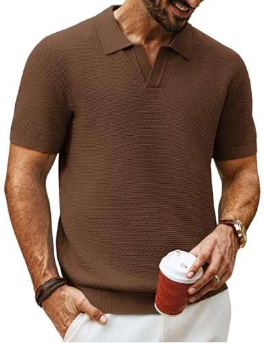PJ PAUL JONES Mens Polo Shirts Short Sleeve V Neck Knit Textured Polo Knitted Golf Shirt
