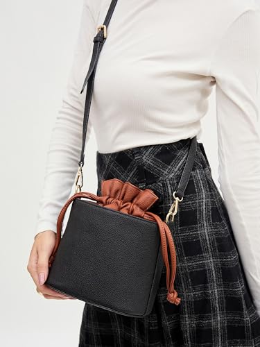 Image of white lily Women's Bucket Bag with Drawstring, Black and Brown Two-Tone, Adjustable Shoulder Strap