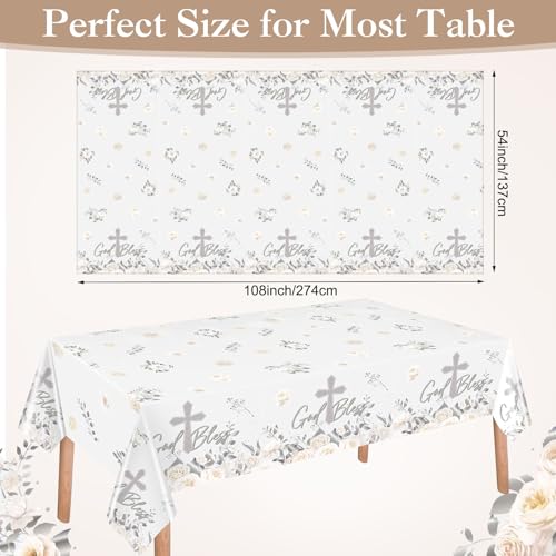 Image of Ganeen 3 Pcs God Bless Baptism Tablecloth, First Communion Decorations White Silver Disposable Plastic Religious Table Covers Waterproof for Christening Baby Showers Baptism Decor, 54 x 108 Inch