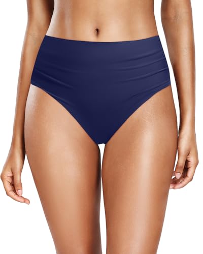Daci Navy Blue Full Coverage Bikini Bottoms - Mid Rise Bathing Suit Bottoms for Women Tummy Control Swimsuit Bottom L