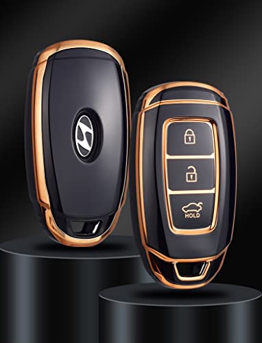 Image of JVCV Gold Border TPU Key Cover Compatible with Hyundai Verna Push Button Start Car Key - Glossy Protective Smart Key Case (Black)