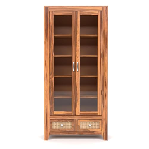 Image of Solid Sheesham Wood Book Cabinet with Acrylic Glass Doors | Rosewood Display Storage Unit with Shelves & Drawers for Home & Office | Louge (B-Honey)
