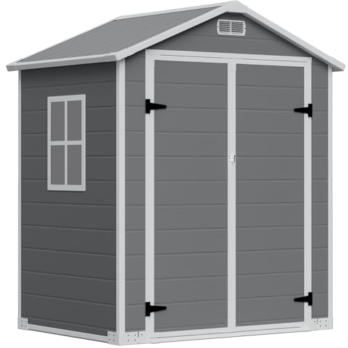 LARBANKE Caseta de jardín resistente a la intemperie, 4,11 m³, plástico, 183 × 143 × 201 cm, caseta con suelo y techo, cobertizo con puerta con cerradura, ventilación, ventana y rampa, para jardín