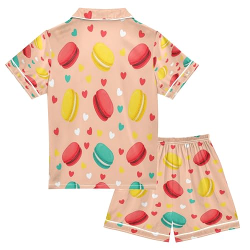 Satin Pajama Sets Short Sleeve Macarons Hearts and Pastels Button Down Silky Nightwear 2 Piece PJS 5-14Y2