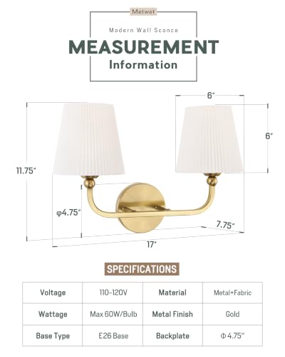 Image of 2-Light Brushed Gold Bathroom Vanity Light, Pleated Fabric Shade