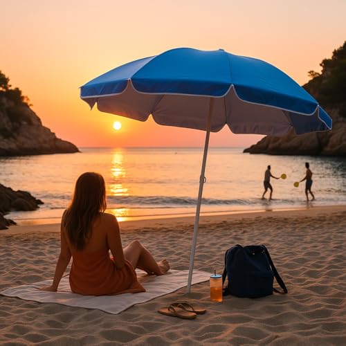 FORA Strandschirm mit UV-Schutz 150 cm – faltbarer Sonnenschirm mit 8 Nylon-Paneelen, innen silber, höhenverstellbar, Tragetasche mit Schultergurt (blau)
