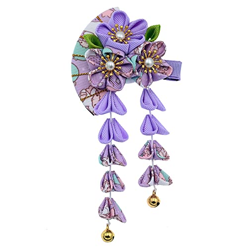 Japanese Style Women Flower Hair Clip Tassel Hair Ornament, Kimono Decor Fabric Hanfu Hairpin Accessories For Christmas Party Costume Gift (Purple)