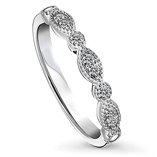BERRICLE Sterling Silver Milgrain Wedding Rings Crown Set Round Cut Cubic Zirconia CZ Vintage Inspired Art Deco Half Eternity Ring for Women, Rhodium Plated