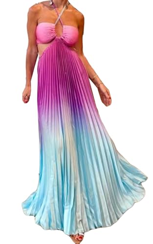 Qikaka Women's Sleeveless Lace Up Tie Dye Printed Pleated Ruched Ruffles Bodycon Sexy Nightclub Party Dress