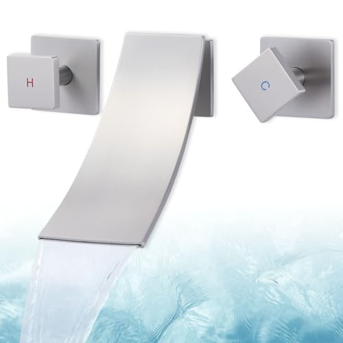 Wall Mount Bathroom Sink Faucets - for Vanity, Lavatory, Restroom with Dual Handles, 3 Holes Waterfall Modern Faucet Brass Wash Basin Faucets, Brushed Nickel
